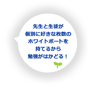 先生と生徒が個別に、好きな枚数のホワイトボートを持てるから勉強が捗る（はかどる）！